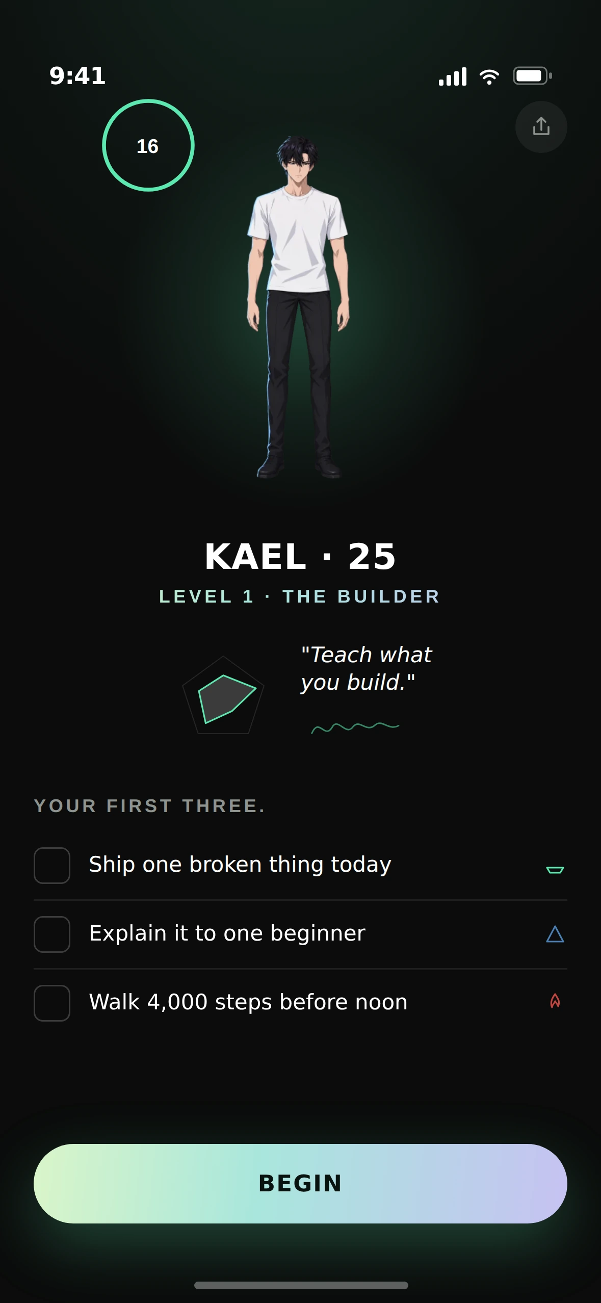 Day one — character card and first three quests
