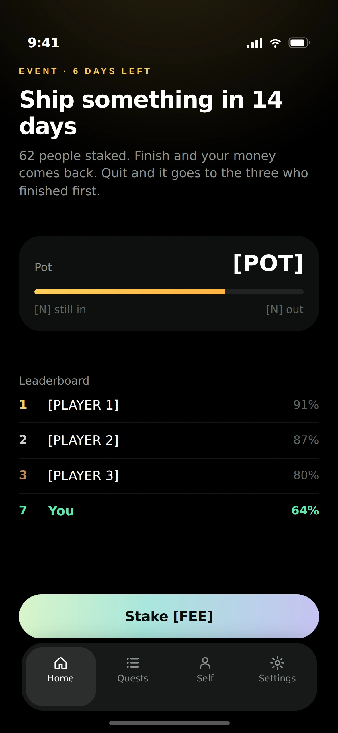 Event screen — prize pool, leaderboard and countdown